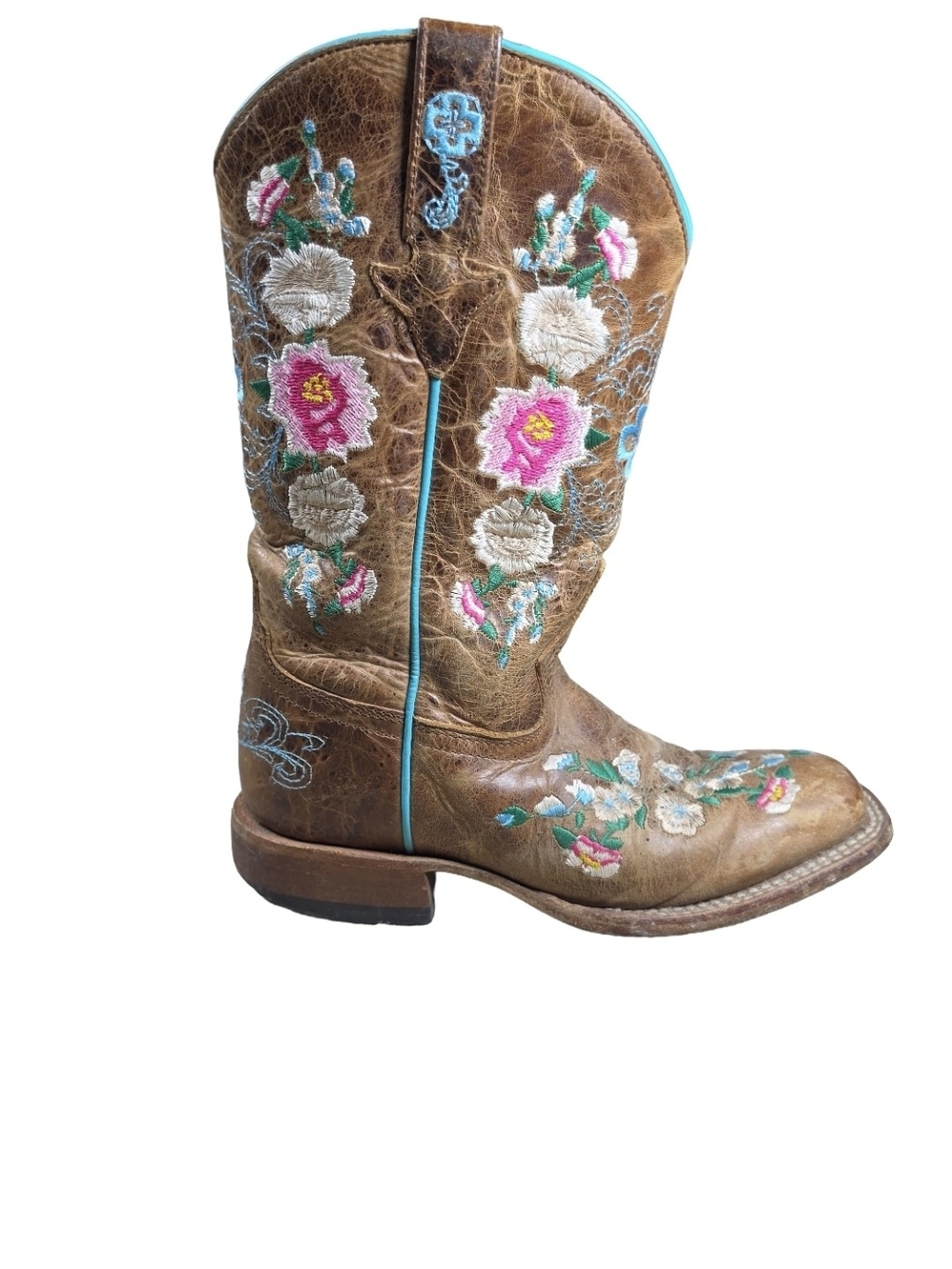 Macie Bean Western Boots Brown Floral Embroidered Square Toe Youth Size 2